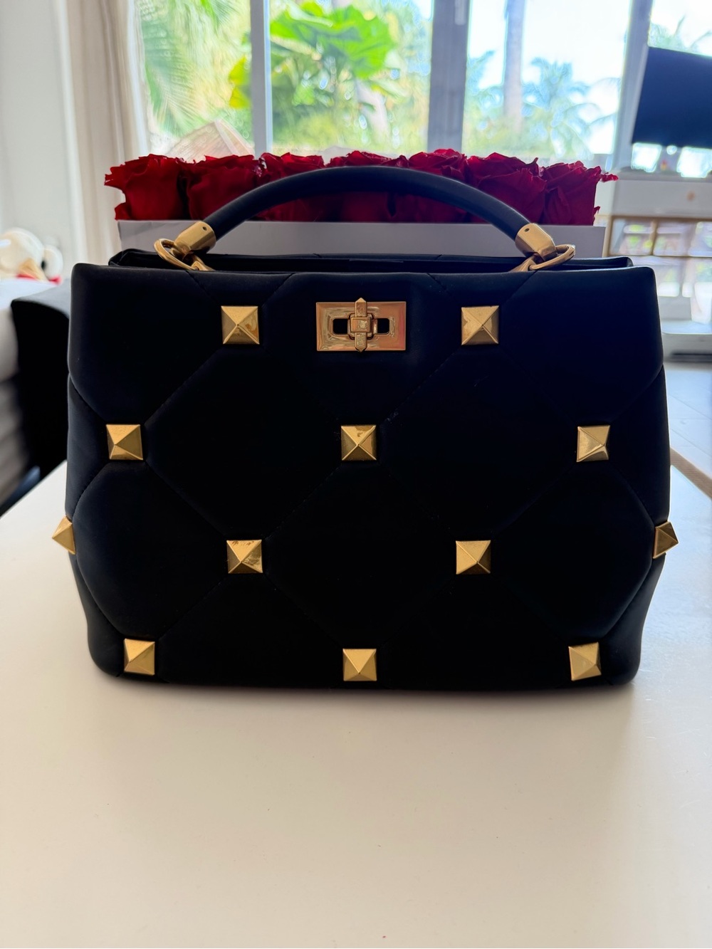 Valentino Black Quilted Satchel with Gold Pyramid Studs
